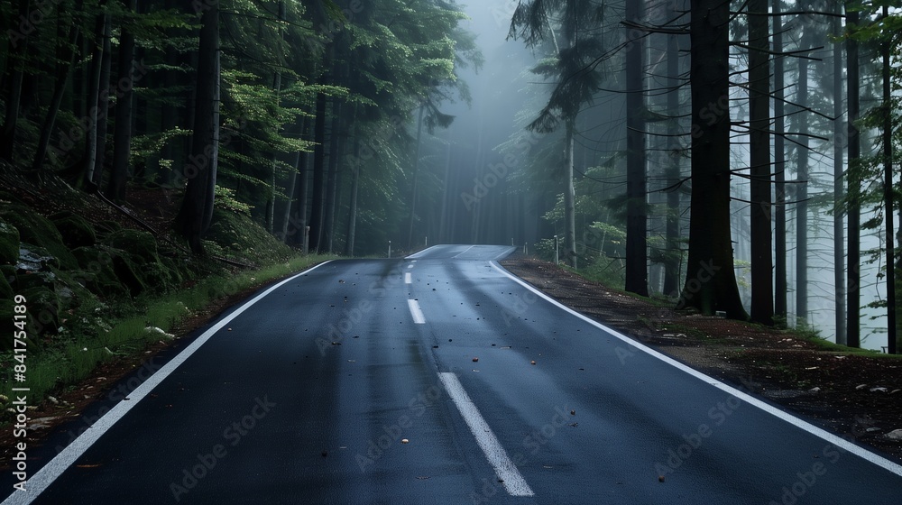 Fototapeta premium Road in green forest misty fog, mountains, hills, pine trees, woods - beautiful landscape roadway background wallpaper copyspace - Ambition, adventure, goal, progress, career path, holiday, nature