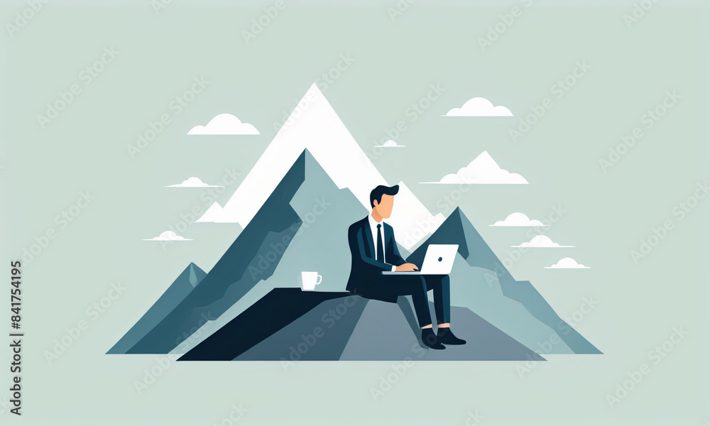 Fototapeta premium Businessman sitting working with laptop on mountain, Isolated on green pastel background, Flat vector illustration