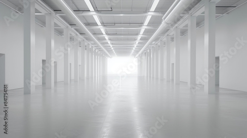 An empty big white clean warehouse. Background image. Created with Generative AI technology. © Artem