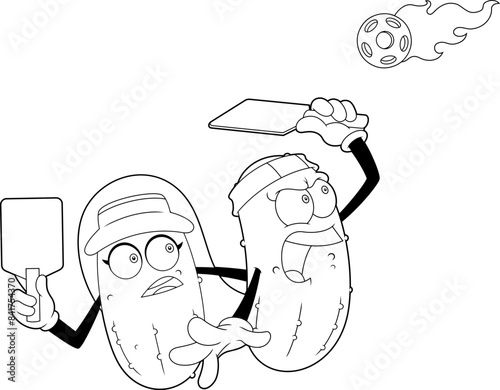 Outlined Cute Girl And Man Pickleball Players Cartoon Characters. Vector Hand Drawn Illustration Isolated On Transparent Background