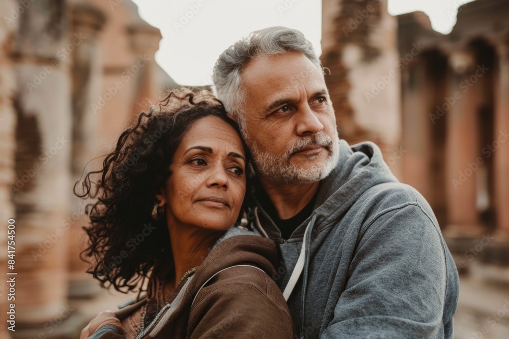 Portrait of a content mixed race couple in their 50s sporting a comfortable hoodie isolated in backdrop of ancient ruins
