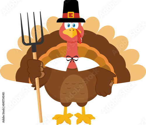 Cute Pilgrim Turkey Bird Cartoon Character Holding A Pitchfork. Vector Illustration Flat Design Isolated On Transparent Background