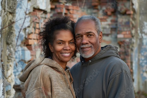 Portrait of a content mixed race couple in their 50s sporting a comfortable hoodie in front of backdrop of ancient ruins