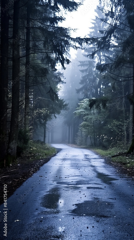 Obraz premium Road in green forest misty fog, mountains, hills, pine trees, woods - beautiful landscape roadway background wallpaper copyspace - Ambition, adventure, goal, progress, career path, holiday, nature
