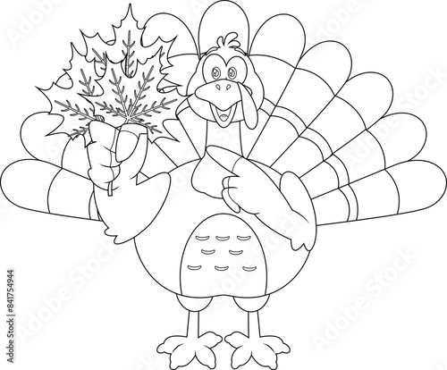 Outlined Happy Thanksgiving Turkey Bird Cartoon Character Holding And Pointing To Autumn Leaves. Vector Hand Drawn Illustration Isolated On Transparent Background