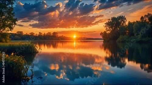 sunset lake scenery, a tranquil summer night with a gorgeous sunset reflecting a serene light on a still lake, forming a picturesque view