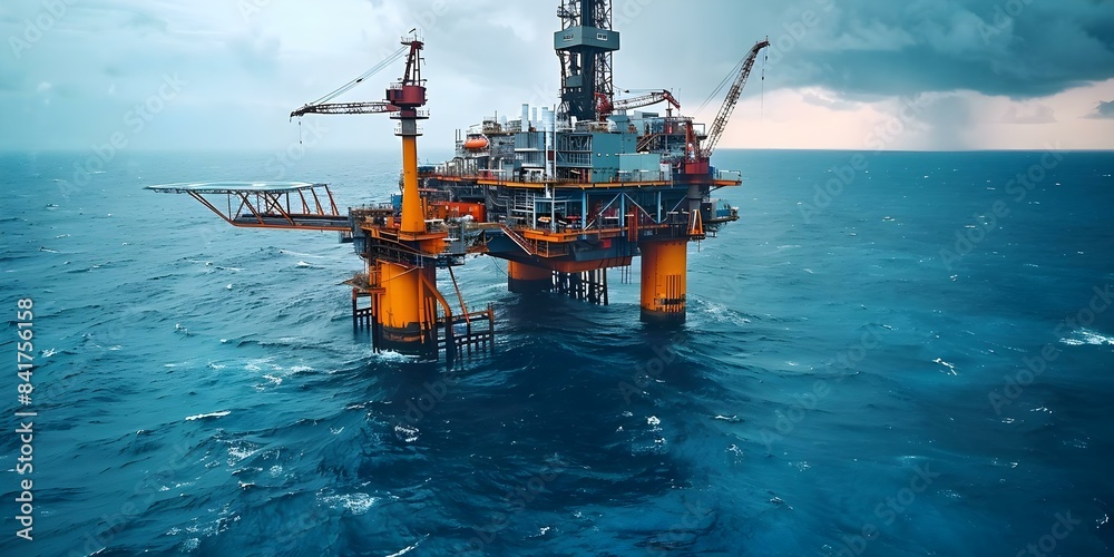 Humna Rig Offshore oil rig contrasts against dramatic seascape showcasing human ...