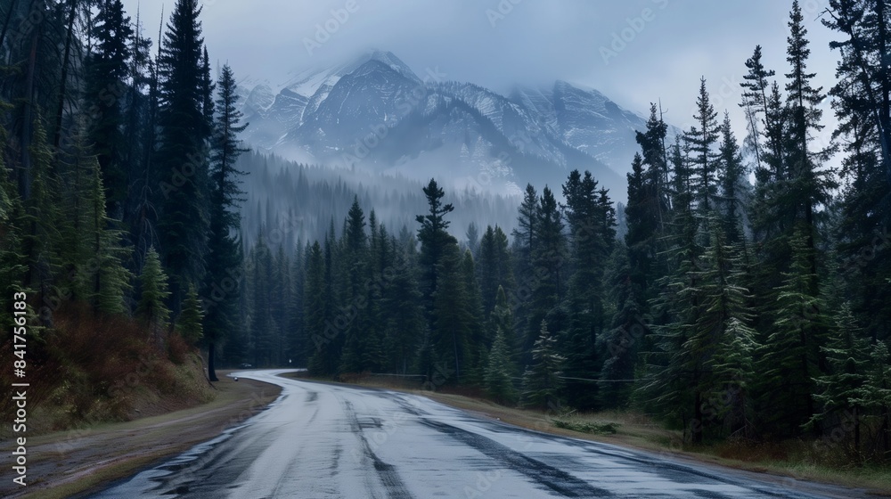 Road in green forest misty fog, mountains, hills, pine trees, woods - beautiful landscape roadway background wallpaper copyspace - Ambition, adventure, goal, progress, career path, holiday, nature Road in green forest misty fog, mountains, hills, pine trees, woods - beautiful landscape roadway background wallpaper copyspace - Ambition, adventure, goal, progress, career path, holiday, nature