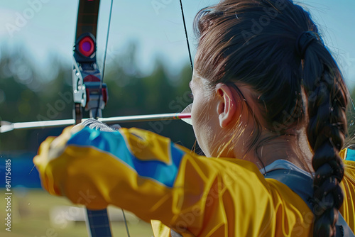 Sports archer aiming at target, precision and concentration