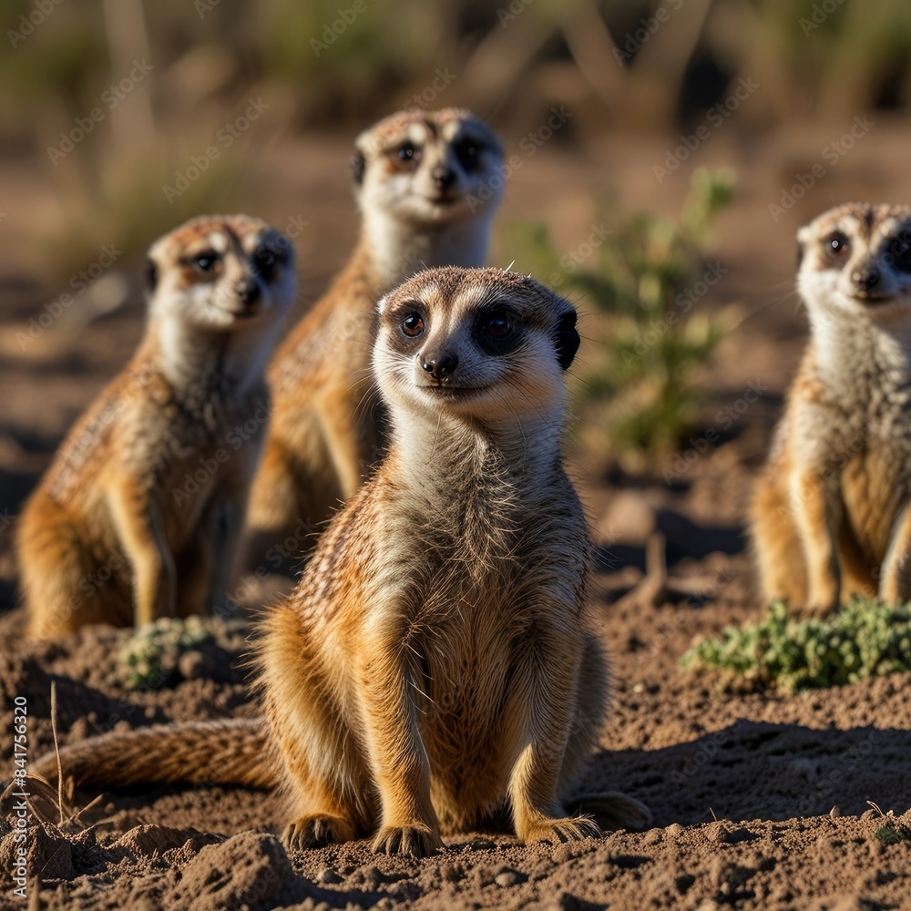 a group of meerkats are standing in front of some green plants. a group of meerkats are standing in front of some green plants.