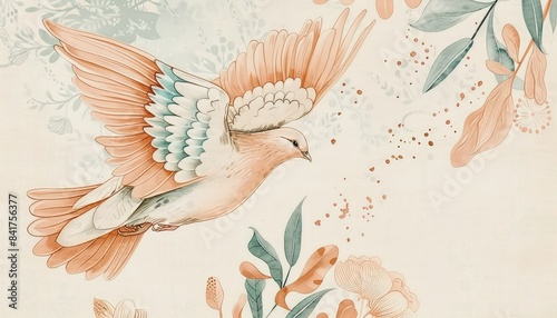 White doves in a light ray, reimagined religious art. The bird is flying in front of a background of pale peach and blue-green leaves and flowers. photo