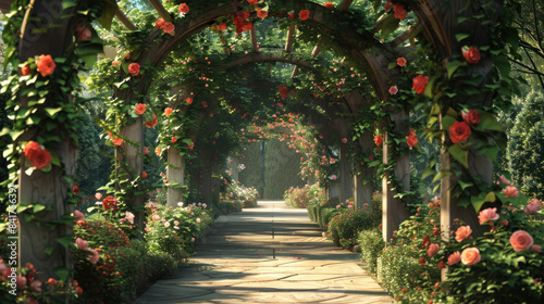 Garden trellis with climbing roses and ivy