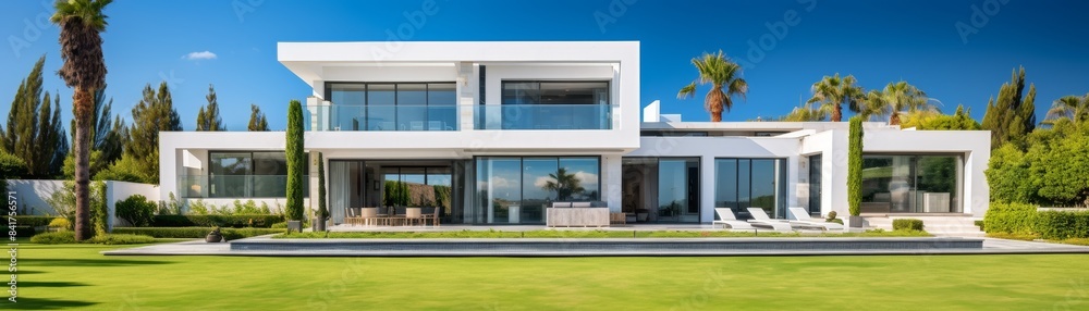 Villa home with clear blue sky with green lawn Villa home with clear blue sky with green lawn