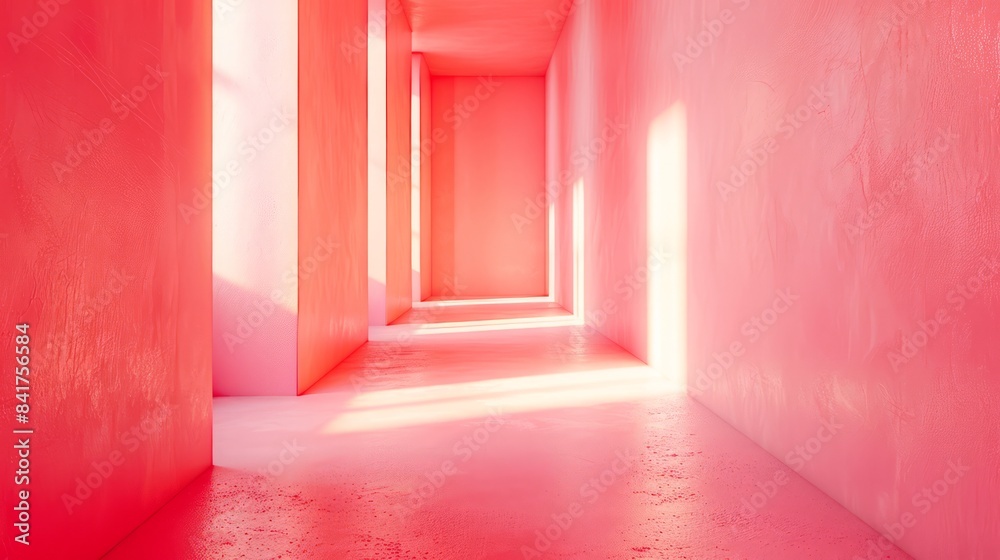 Abstract art, minimalistic design of a bright pink hallway with natural light highlighting modern architectural elements, creating a vibrant atmosphere. Abstract art, minimalistic design of a bright pink hallway with natural light highlighting modern architectural elements, creating a vibrant atmosphere.