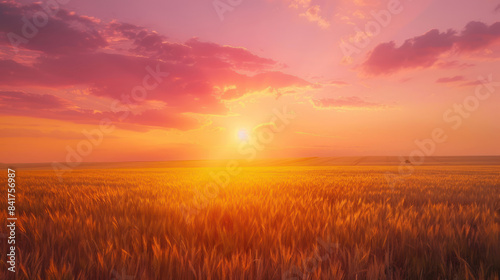 Golden wheat field glowing under a setting sun with a pink sky