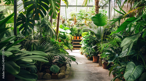 Greenhouse filled with lush  thriving plants