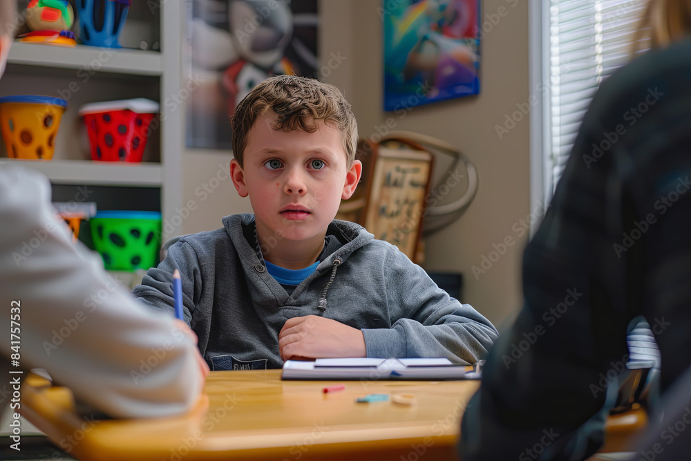 Boy sitting at lunch table working with homeschool tutor Boy sitting at lunch table working with homeschool tutor