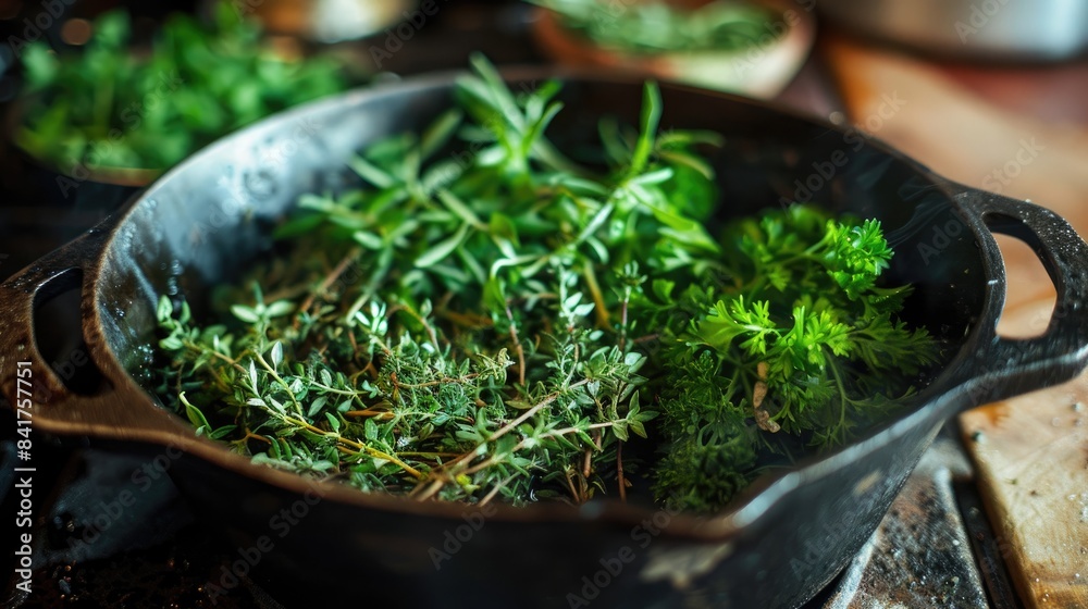 Cooking herbs in an iron pot Cooking herbs in an iron pot
