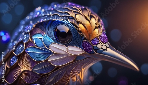 Up close of hummingbird with jewels and gold decorated in its fur