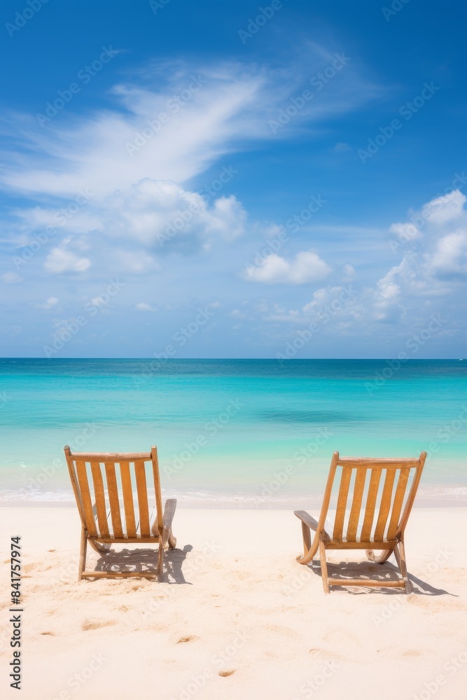 Two lounger chair at calm beach with clear blue sky and ocean water Two lounger chair at calm beach with clear blue sky and ocean water