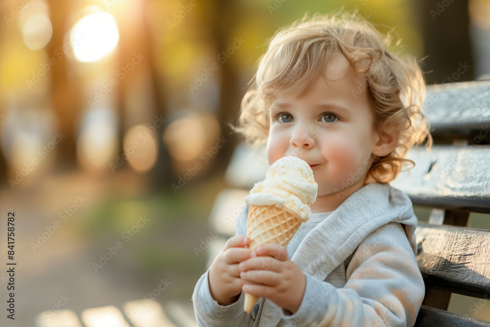 Little boy enjoying vanilla ice cream on a bench in the park with sunlight in the background Little boy enjoying vanilla ice cream on a bench in the park with sunlight in the background