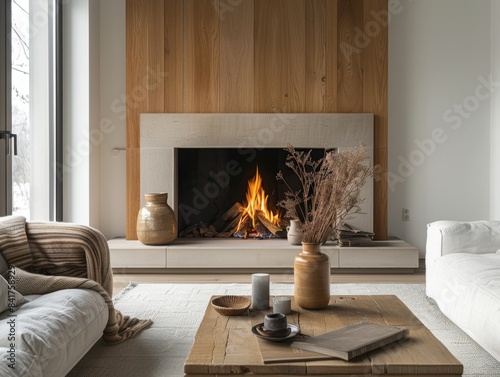 Modern living room with cozy fireplace, wooden accents, comfortable sofas, and stylish decor, creating a warm and inviting atmosphere.