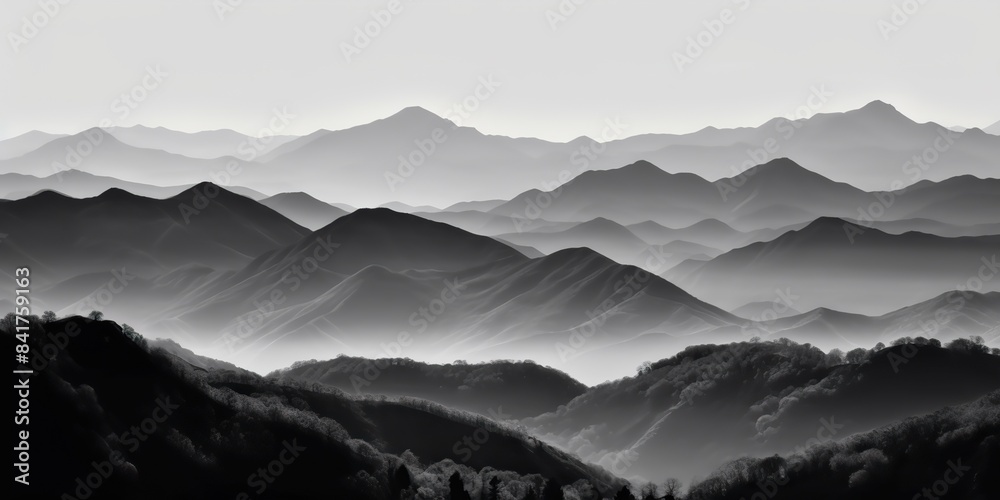 Fototapeta premium A black and white picture of mountains rock hill background landscape with fog mist vibe. Adventure nature outdoor explore travel scene view