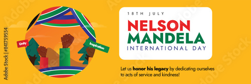 Nelson Mandela International Day. 18th July Nelson Mandela day celebration cover banner with fist bumps of black people symbolizing unity, braveness, justice, south Africa flag colour abstract art. photo