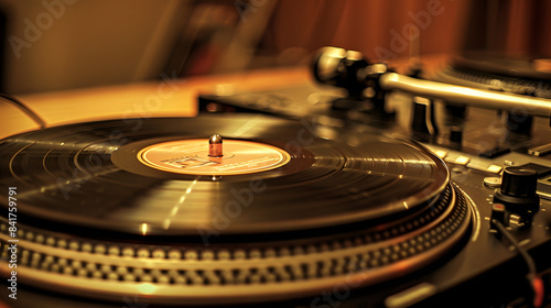 A closeup of two vinyl records on an oldfashioned DJ turntable 