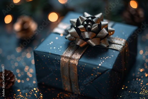 A black gift box adorned with a golden ribbon and bow against a dark bokeh background, isolated.