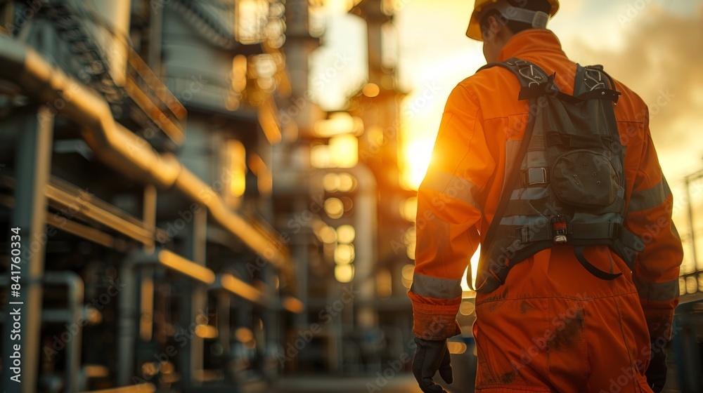Close-up of worker in orange uniform with machinery in background sunlight filter Close-up of worker in orange uniform with machinery in background sunlight filter