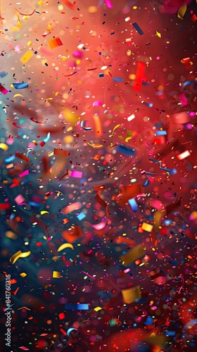 Vivid Carnival Celebration: Deep Red Backdrop with Multicolored Streamers and Flying Confetti