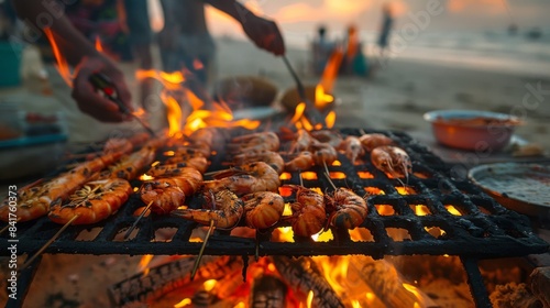 A beach vendor grilling freshwater prawns on skewers over an open fire, preparing them for hungry beachgoers craving savory snacks.