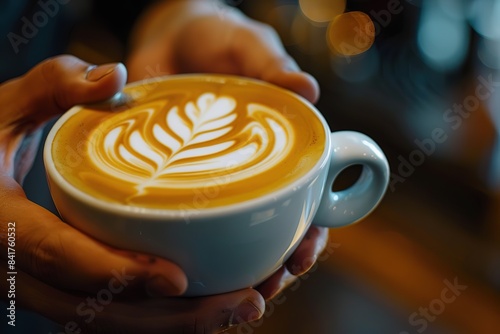 Hands holding a cup of coffee with intricate latte art.