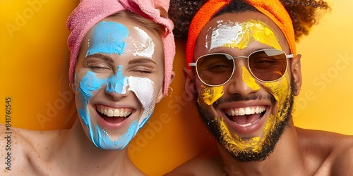 Couple overuses sunscreen on each others faces leaving exaggerated white marks. Concept Funny Photoshoot, Exaggerated Sunscreen, Playful Interaction, Couple Photoshoot, Whimsical Portraits photo