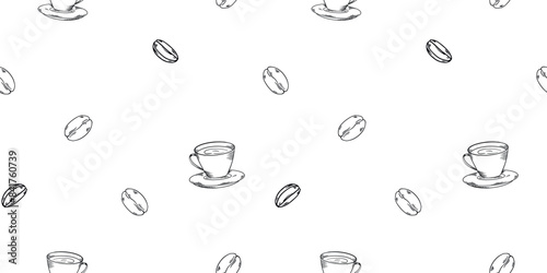 Coffee linear design. Abstract graphic cup, pot, grain. Vector contour golden pattern on black background. Art background for cafe shop