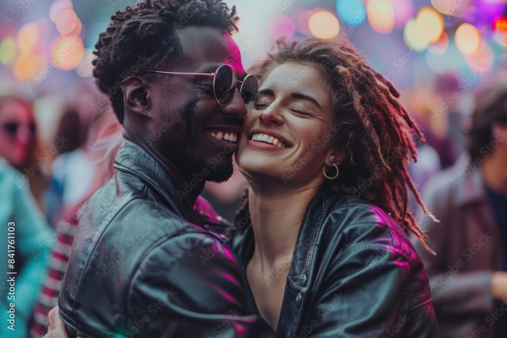 Portrait of a blissful mixed race couple in their 40s sporting a stylish leather blazer isolated on vibrant festival crowd Portrait of a blissful mixed race couple in their 40s sporting a stylish leather blazer isolated on vibrant festival crowd