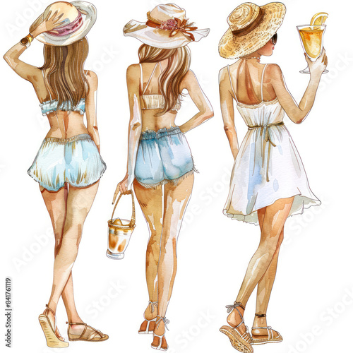Three fashion young women in hats and summer outfits watercolor illustration set. Beautiful fashion ladies in dresses, t-shirts and shorts on white background. Glamour sticker, print, design Back view