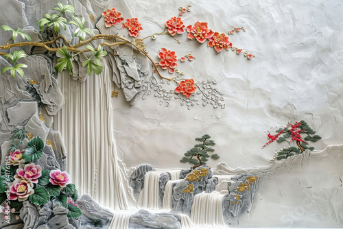 Intricate wall relief art of a nature scene depicting flowers, trees, and a waterfall, blending traditional and modern artistic elements.