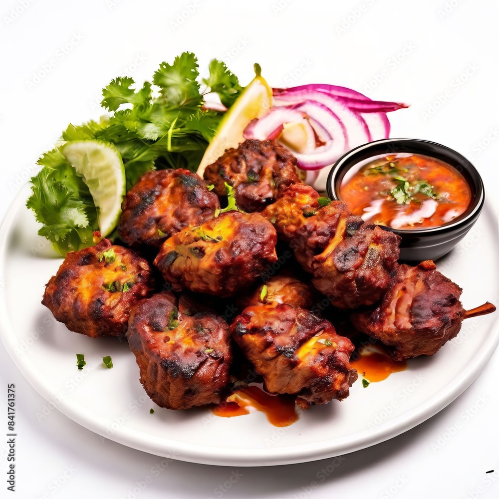 Kebab served in plate with lemon, salad and sauce Kebab served in plate with lemon, salad and sauce