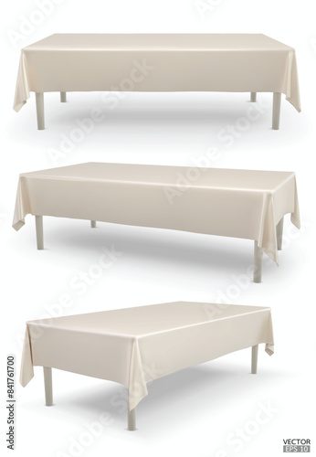 Set of realistic Rectangular table with Beige Tablecloth isolated on white Background.  Empty cloth table. Silk table clothes.