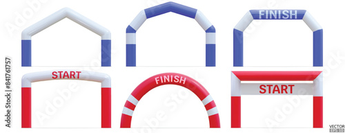 Set of Realistic 3D Inflatable start and finish arch for sports competitions. Inflatable archway, Arch gates of different shapes for outdoor sport events like marathon racing. 3D vector illustration