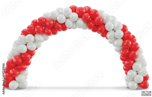 3D render balloon arch entrance. Red and white Balloons in the Shape of Arc, Gate, or Portal isolate on a white background. 3d vector illustration.