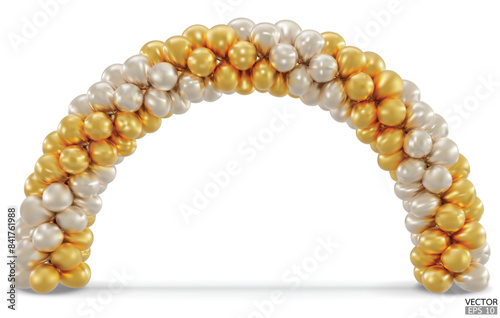 3D render gold balloon arch entrance. Golden Balloons in the Shape of Arc, Gate, or Portal isolate on a white background. 3d vector illustration.
