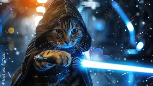 Cute pet costume, A cat in a hooded outfit holds a glowing sword of blue light against the background of a battle. intergalactic adventure  © Chaynam