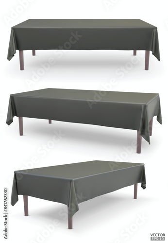 Set of realistic Rectangular table with black Tablecloth isolated on white Background.  Empty cloth table. Silk table clothes. Meeting room table clothes. 3D vector illustration.