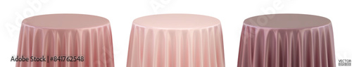 Set of Dusty rose Round Table with Tablecloth Isolated on white Background. Meeting room table clothes. Pink and violet tablecloths in various colors. 3D vector illustration.