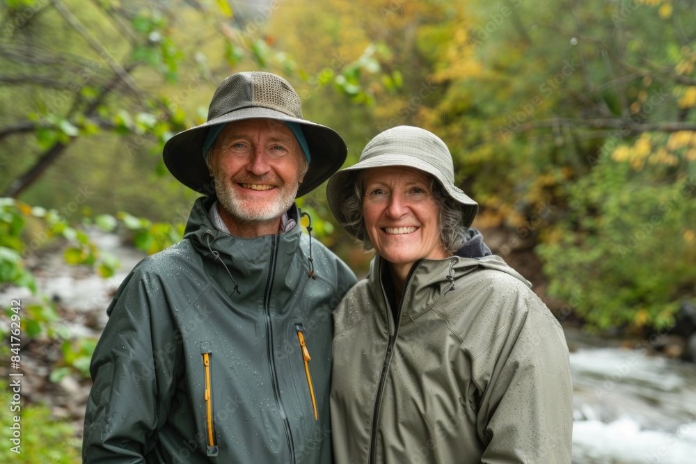 Portrait of a smiling couple in their 50s sporting a waterproof rain jacket isolated on tranquil forest stream Portrait of a smiling couple in their 50s sporting a waterproof rain jacket isolated on tranquil forest stream