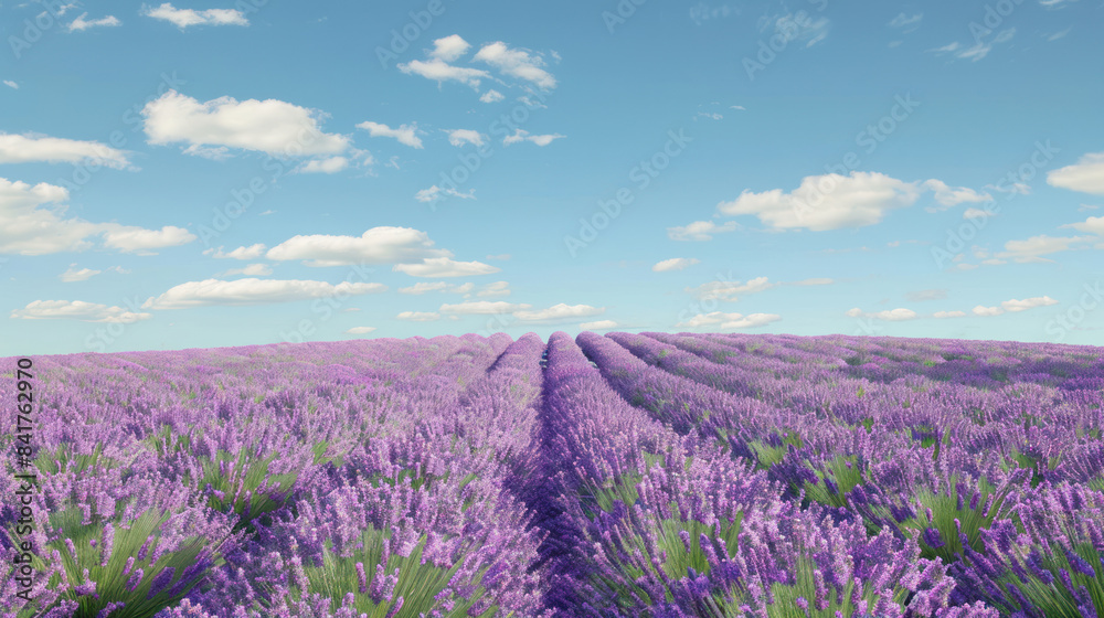 Naklejka premium Lavender field in full bloom under a clear sky with scattered clouds