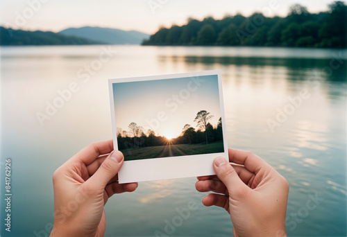 a person holding up a polaroid photo of a sunset